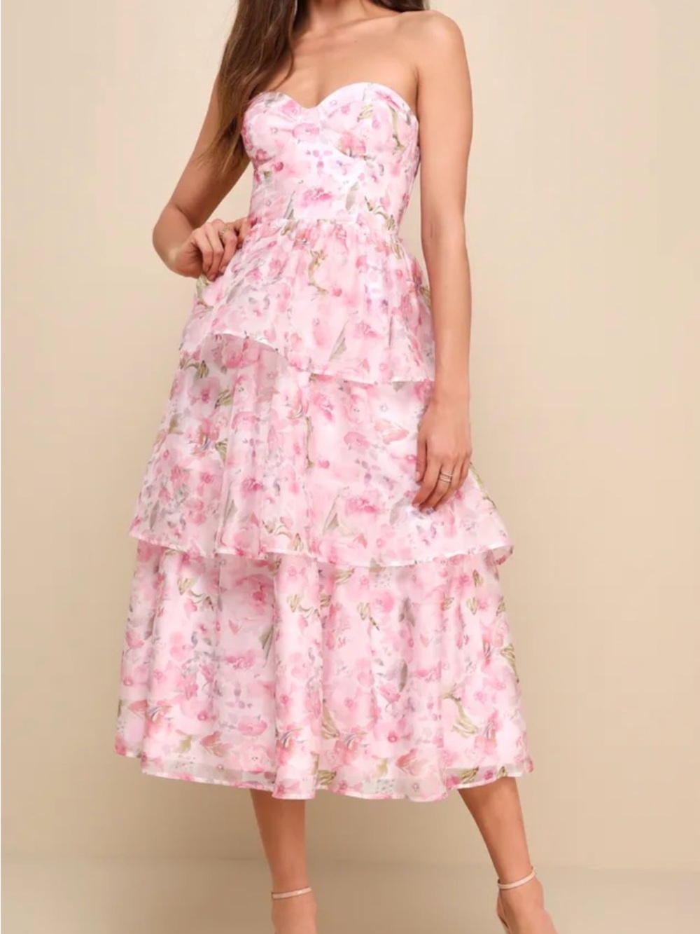 Lulu's Pink Floral Strapless Tiered Midi Dress